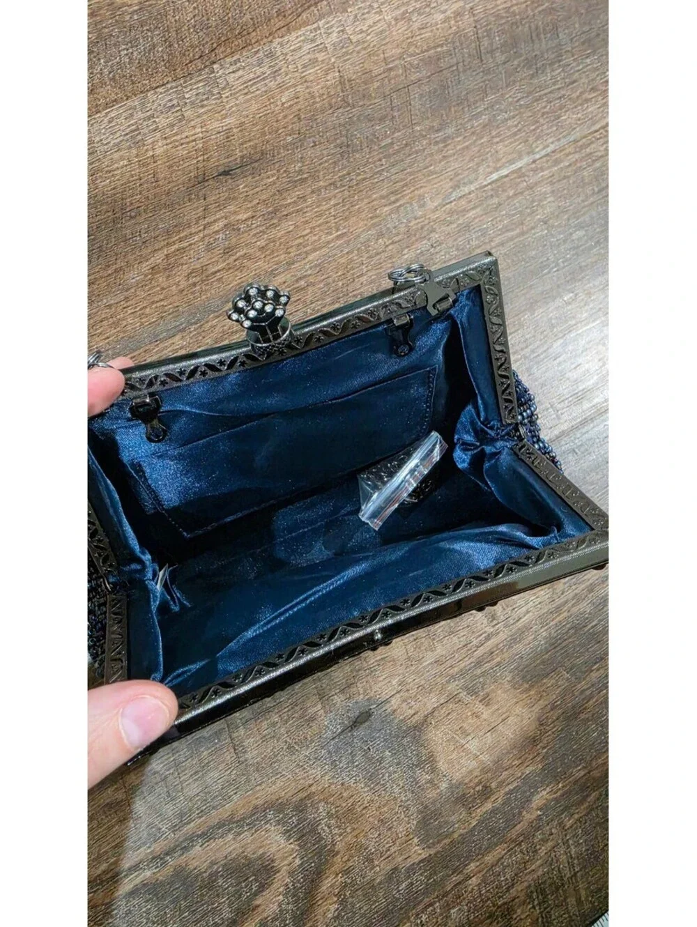 Elegant Blue Beaded Evening Clutch Purse with Silver Handle